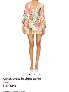 Maaji Floral V-Neck Mini Dress in Light Beige with Pink & Green Accents